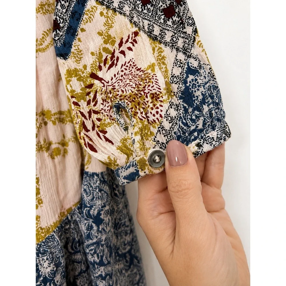 Free People XS Cold Shoulder Patchwork Boho Floral Print Mini Dress Tunic XS